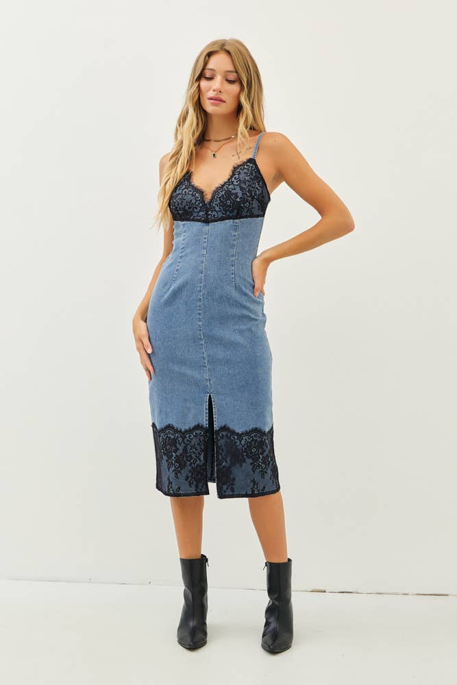 DENIM DRESS WITH FRONT SLIT AND LACE