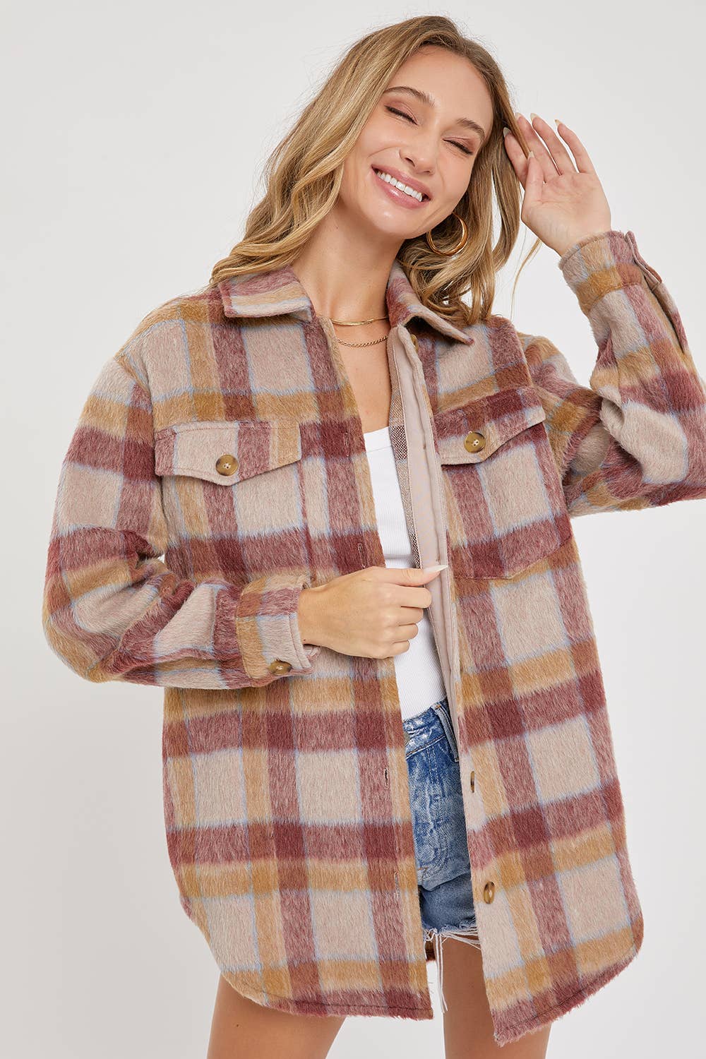 Plaid Shacket: Mauve Burgundy