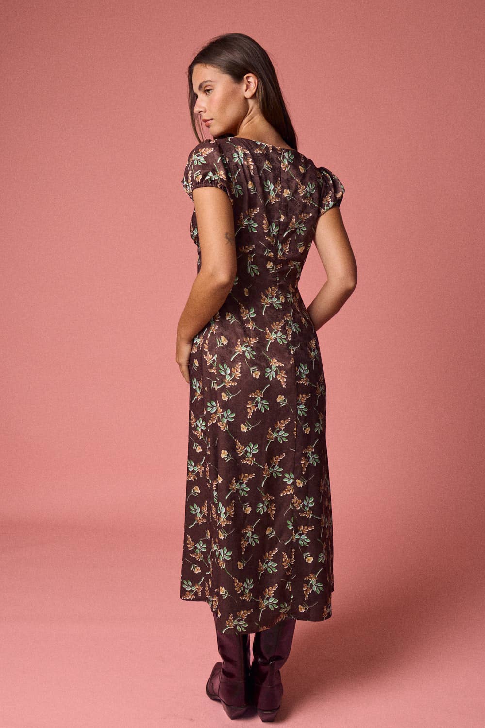 Floral Puff Sleeves Midi Dress