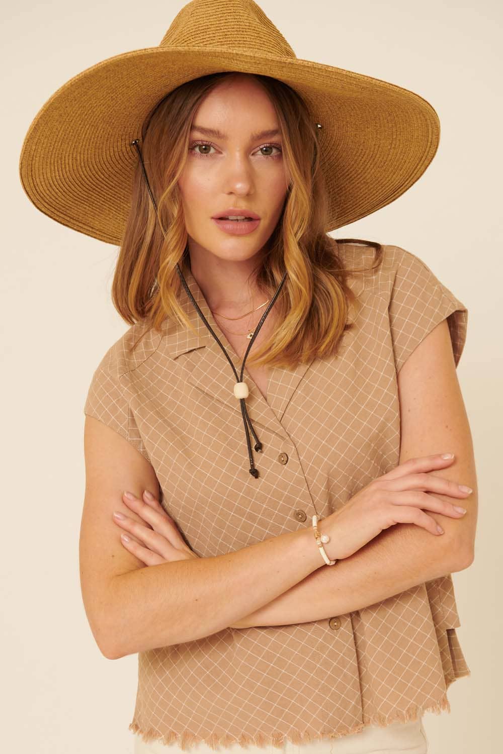 Plaid Notch Lapel Cap Sleeve Button-Up Shirt: Sand