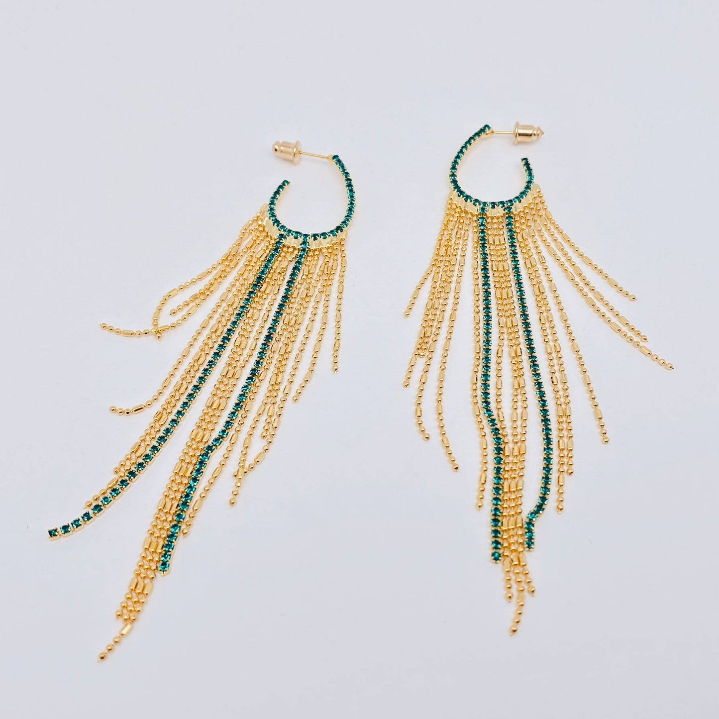 Green Rhinestone Golden Metal Tassel Hoop Earrings