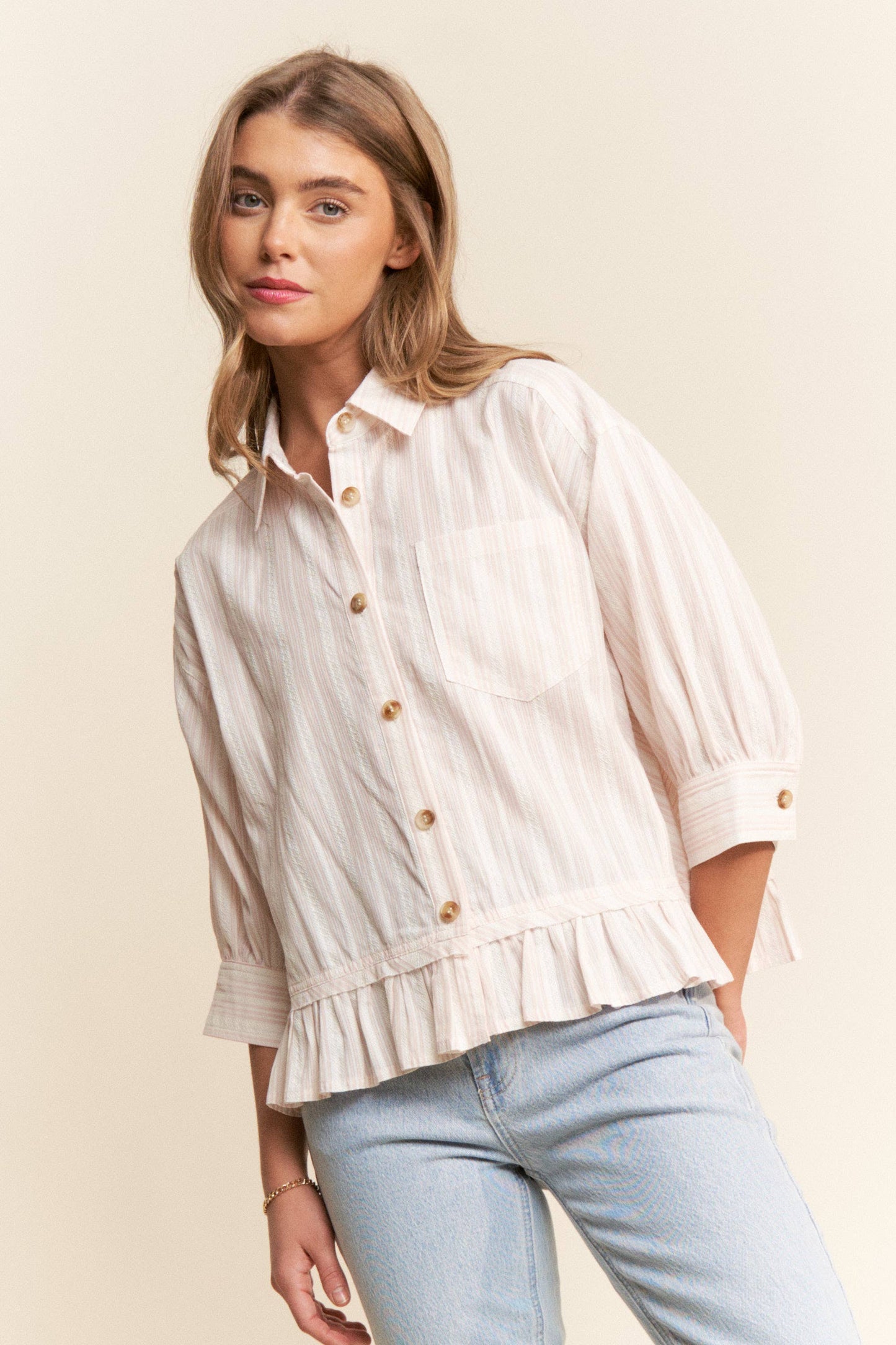 Stripe Jacquard Button Up Pleated Top: Light Pink