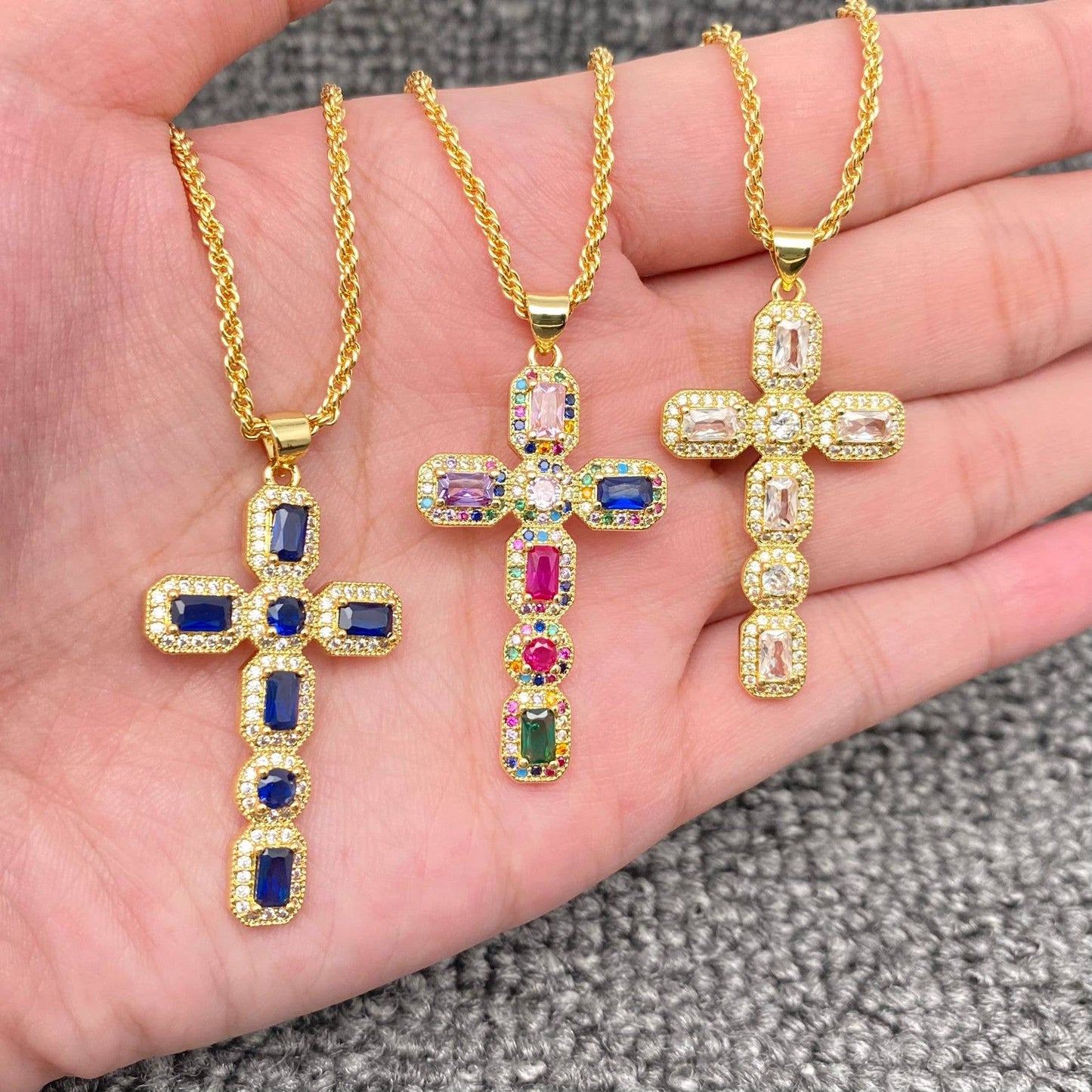 Sparkling Rhinestone Cross Charm 18K Gold Plated Necklace: Blue