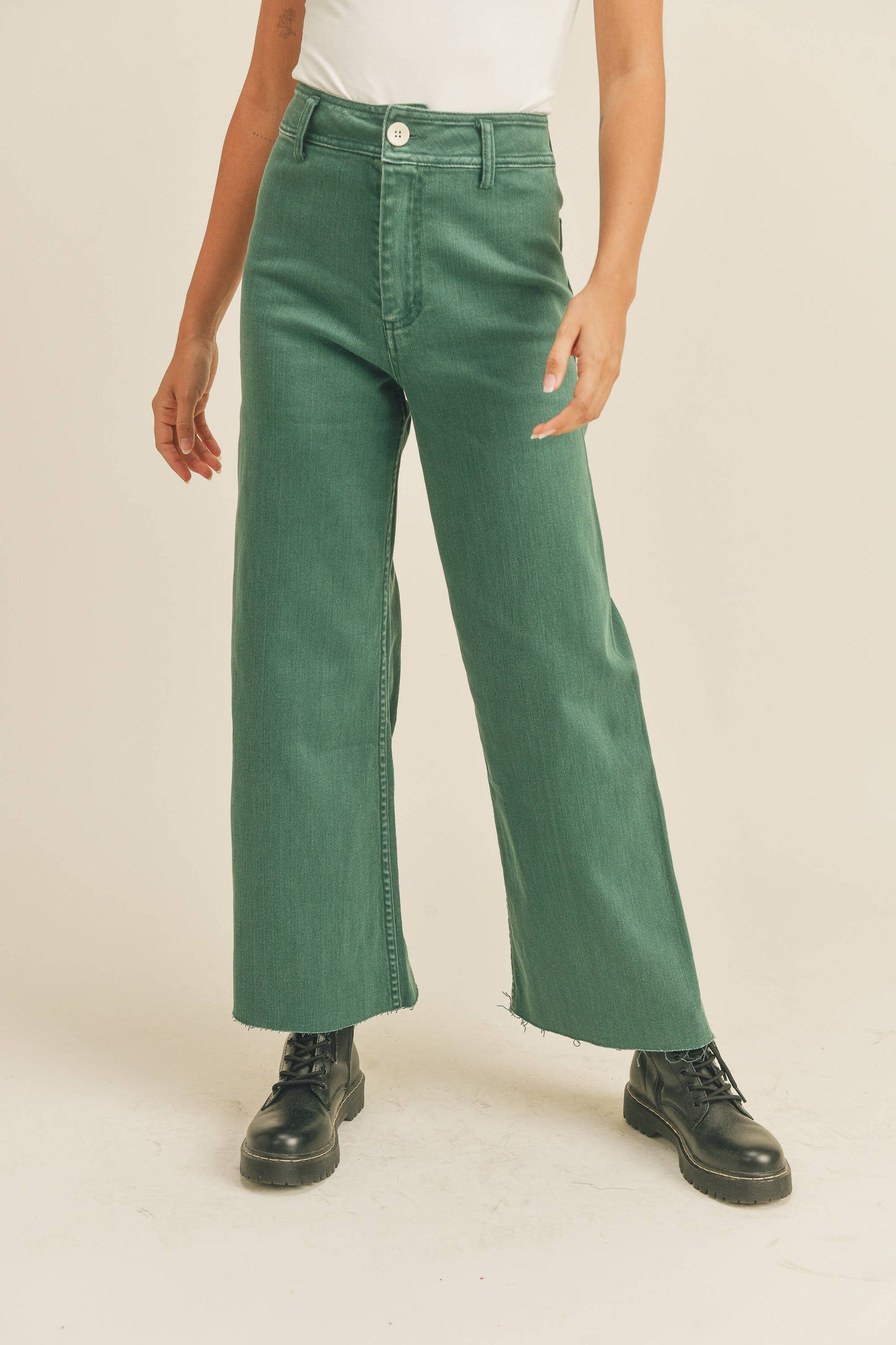 Straight Wide Leg Denim Pants: Green