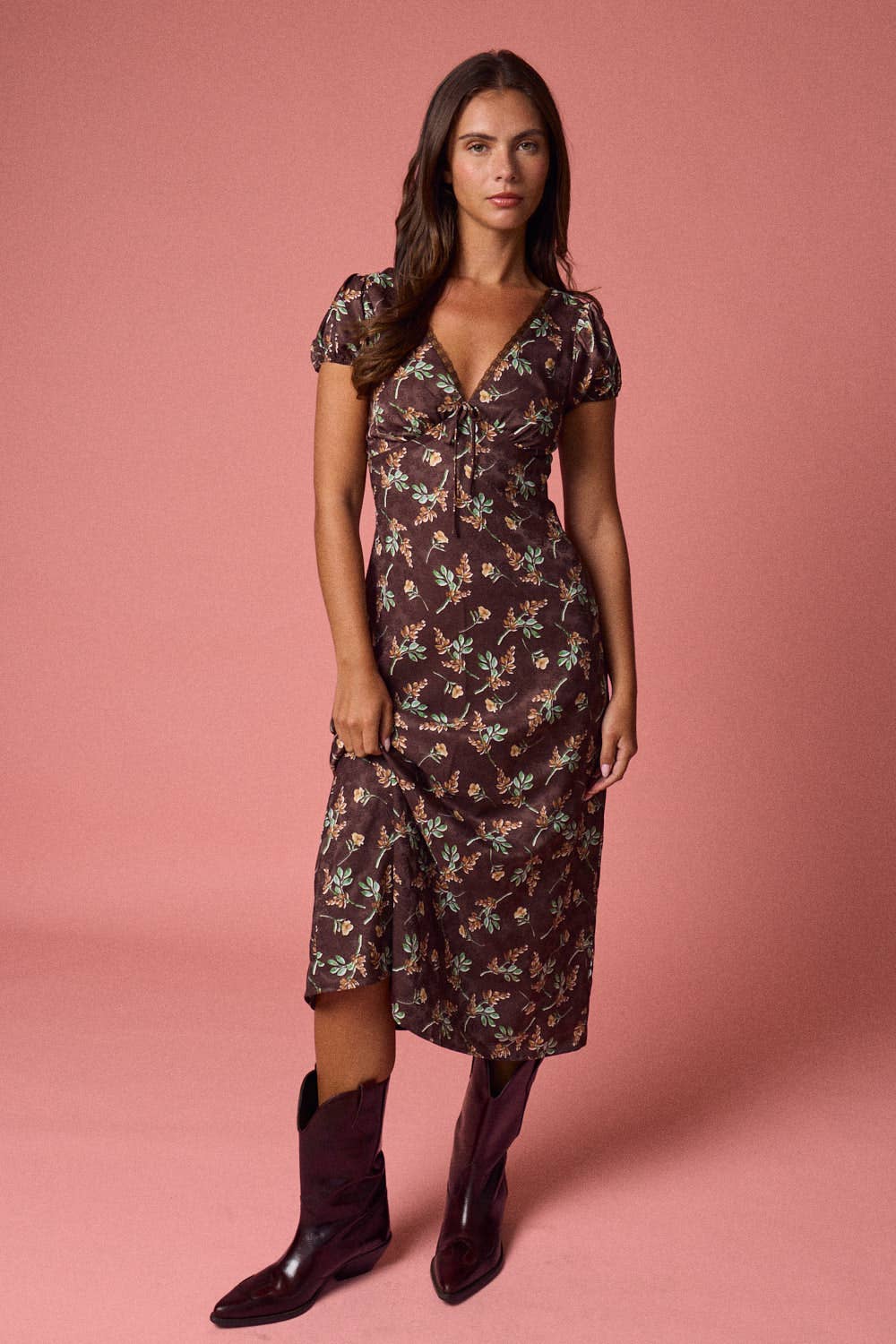 Floral Puff Sleeves Midi Dress