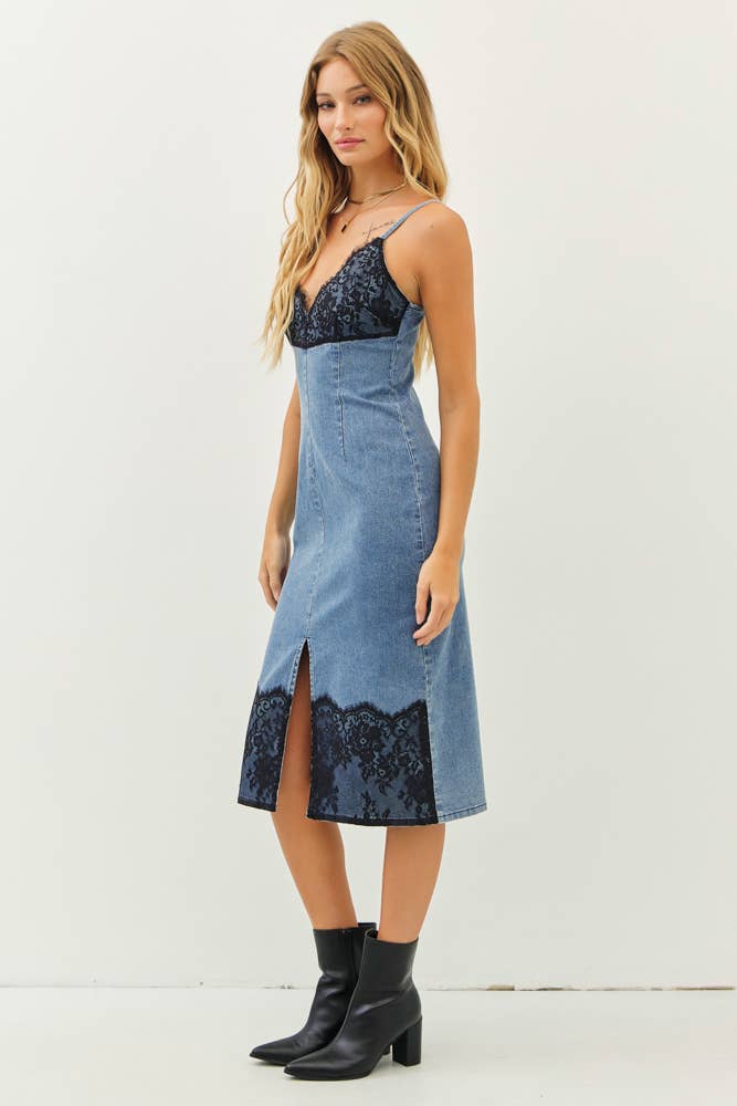 DENIM DRESS WITH FRONT SLIT AND LACE