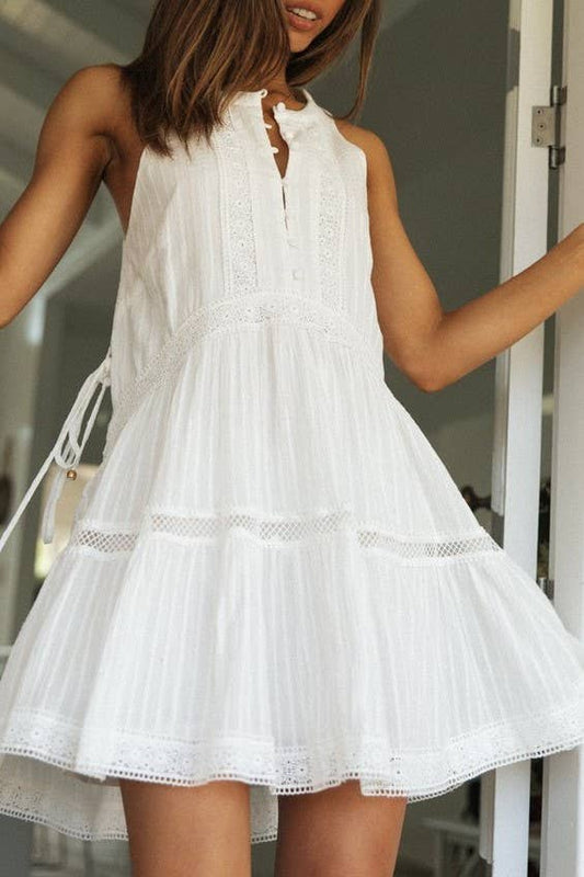 Boho Crochet Lace Sleeveless White Dress