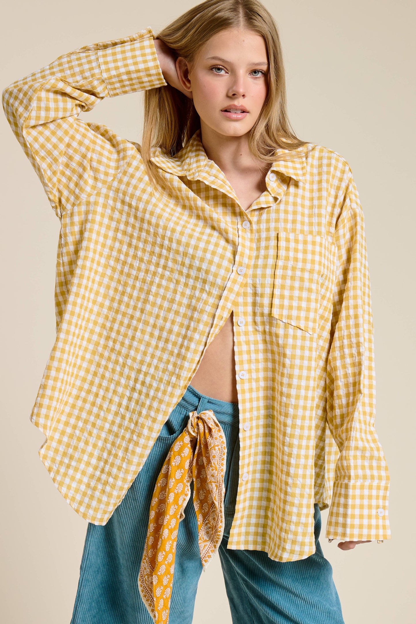 Oversized Gingham Button Down Shirt: Gold