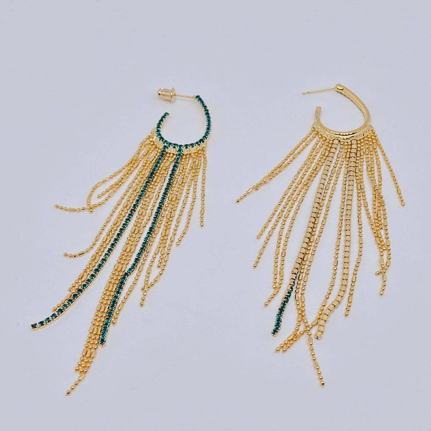 Green Rhinestone Golden Metal Tassel Hoop Earrings