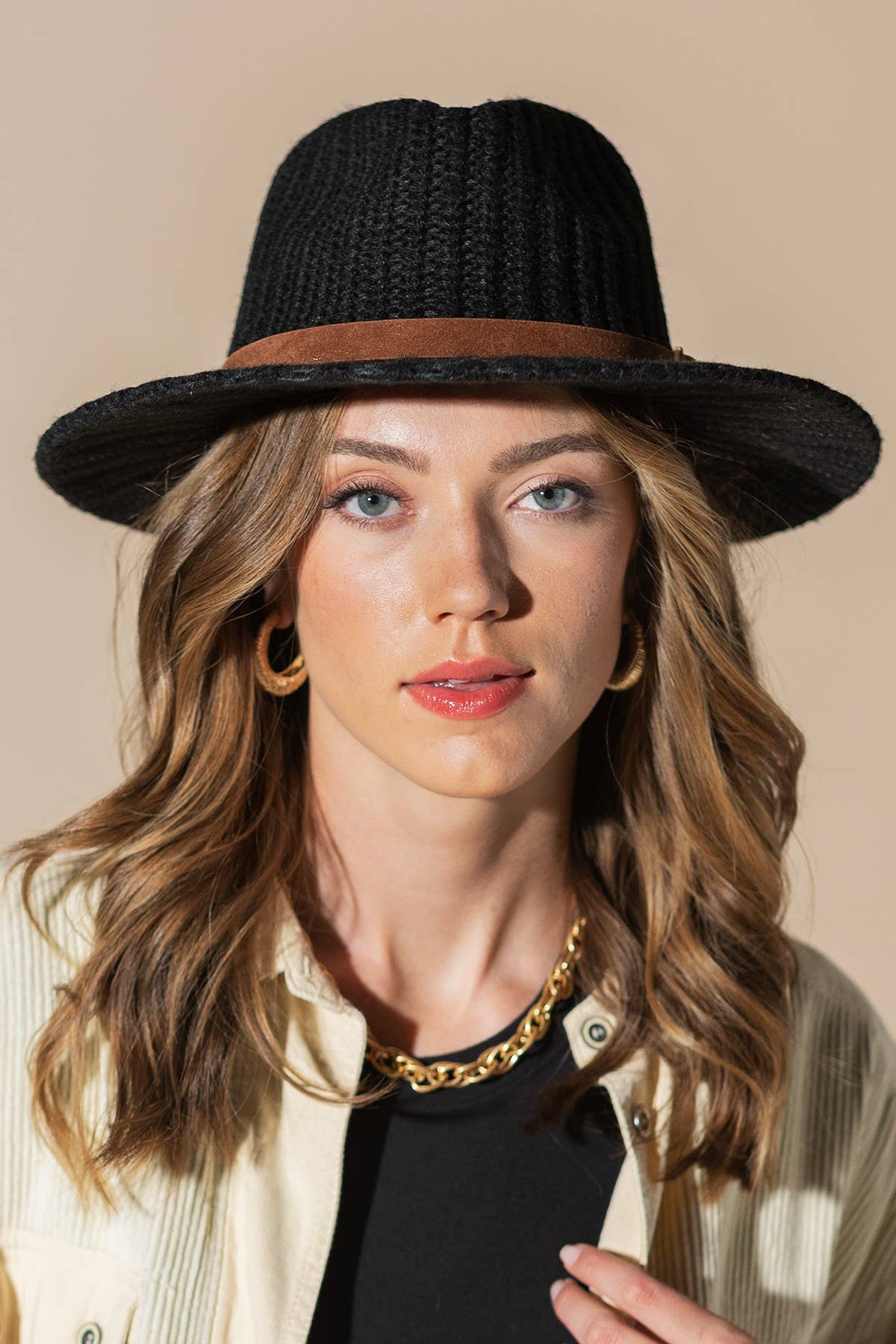 Thick Knit Panama Hat with Belt Band: BLACK