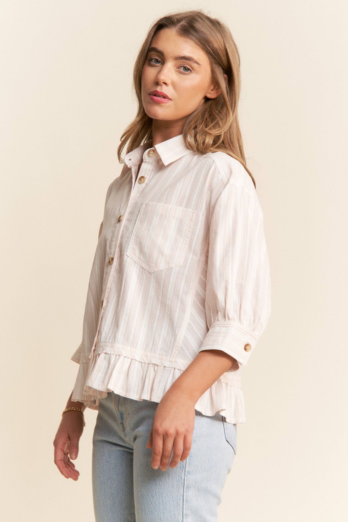 Stripe Jacquard Button Up Pleated Top: Light Pink