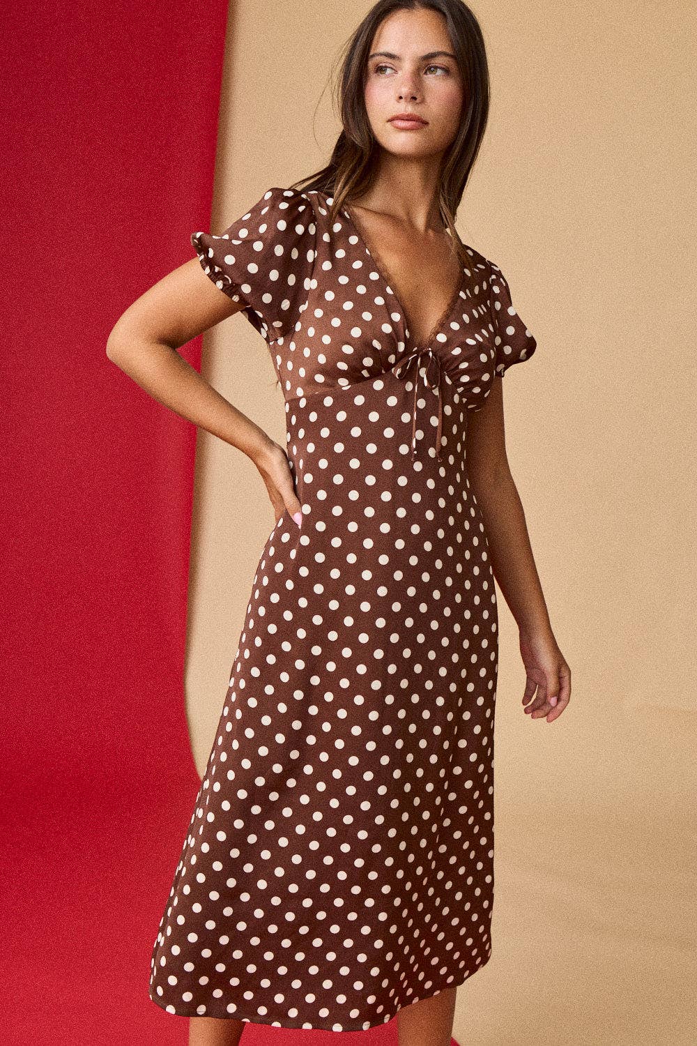 Polka Dot Midi Dress: Brown