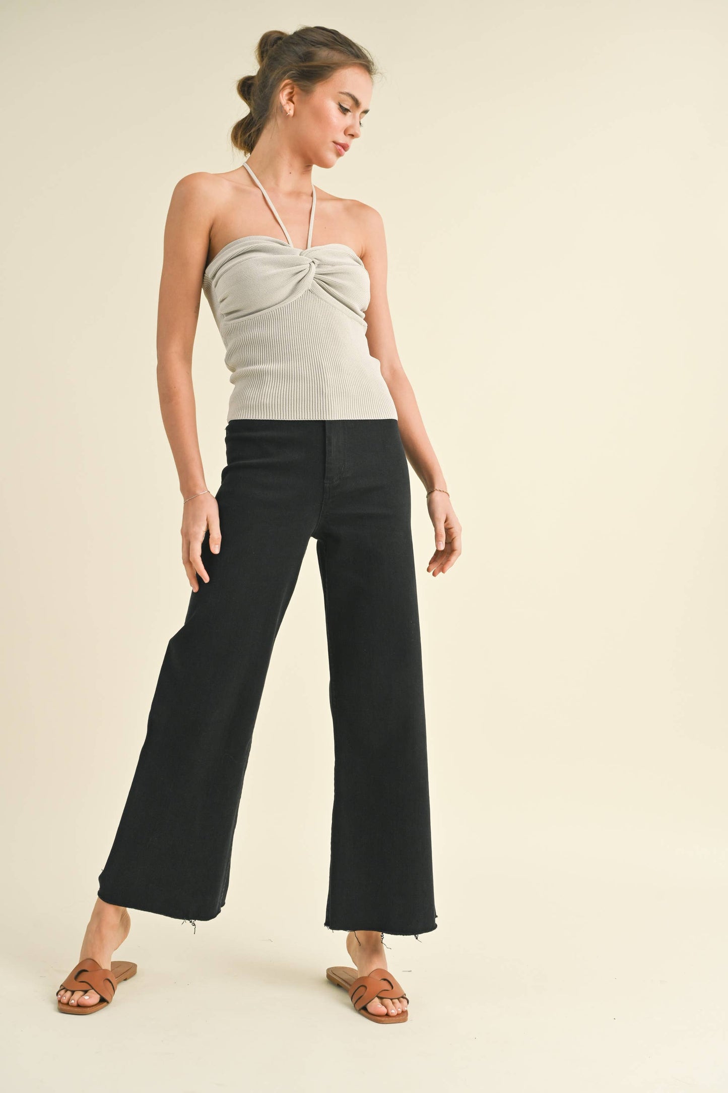 Straight Wide Leg Denim Pants: Black