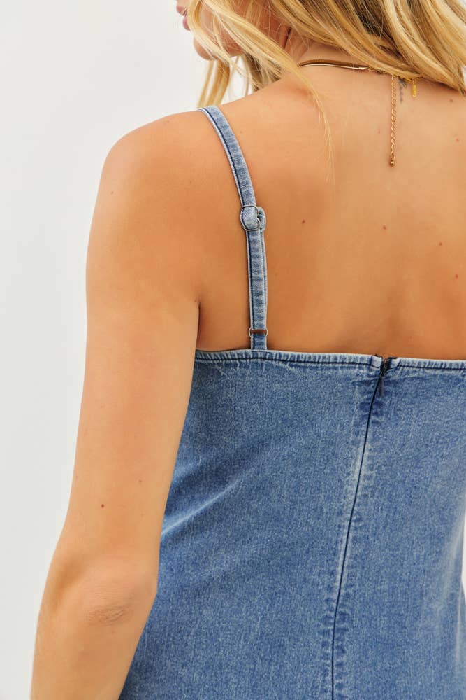 DENIM DRESS WITH FRONT SLIT AND LACE